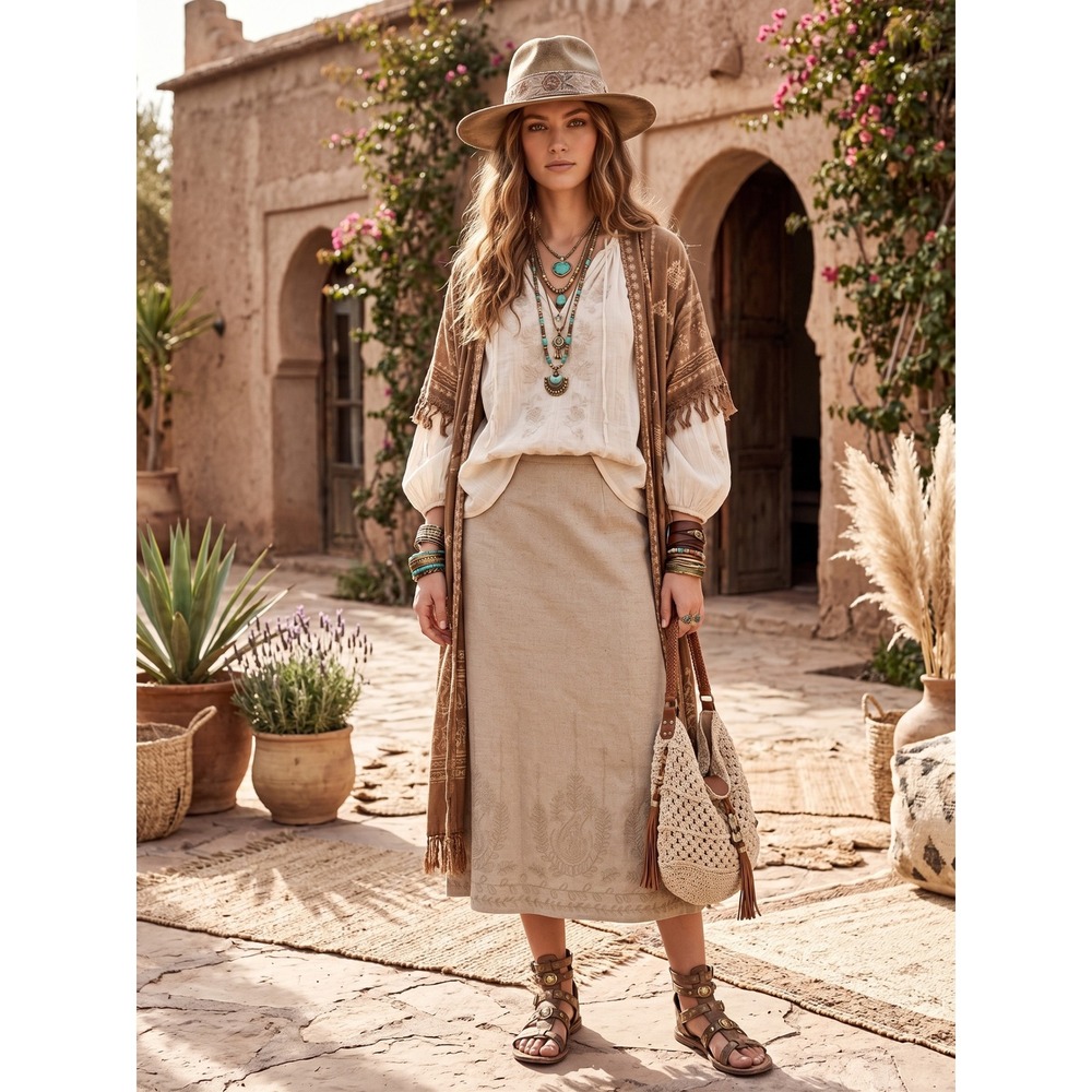Lagenlook Midi Skirt 8 Cottagecore Boho Chic Revival Linen Blend Embroidered